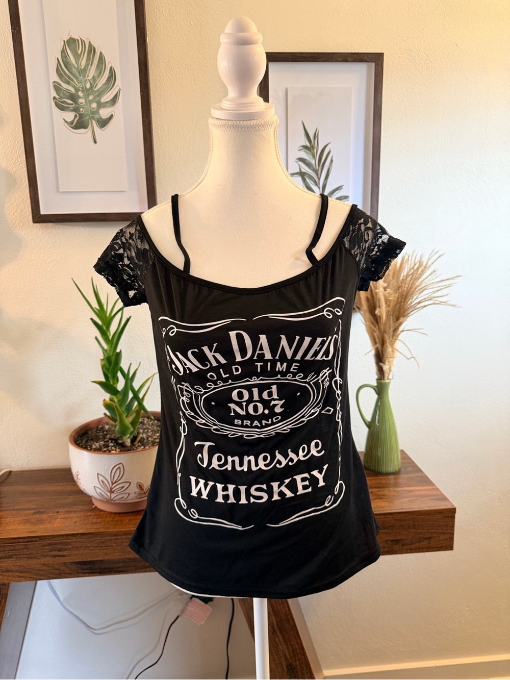 Jack Daniels Black Lace Cold Shoulder Graphic Top Y2K Alt Size L